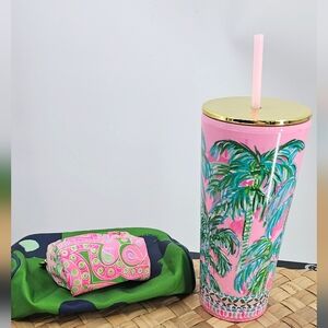 Lilly Pulitzer Tumbler Kate Spade Vibrant Green and Pink Cosmetic Bag Duo